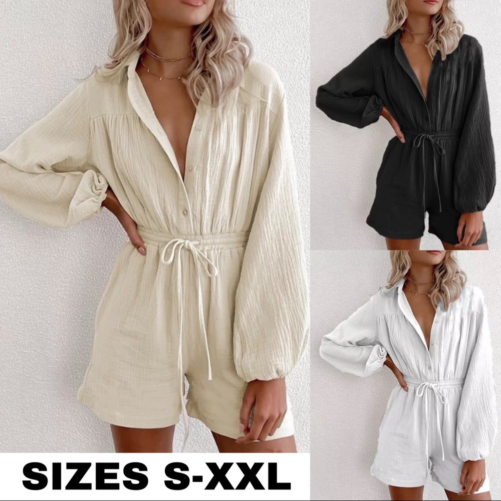 NEW Solid Button Up Long Sleeve Drawstring Romper